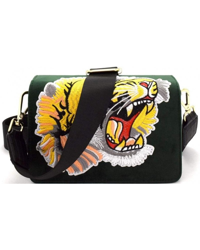 Unique Tiger Embroidered Patch Faux Suede Vintage Retro Small Boxy Flap Shoulder Bag Crossbody Green $15.16 Satchels