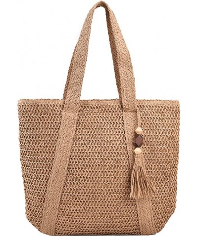 Straw Bucket Bag, Summer Beach Handmade Tote Bag, Woven Rattan Raffia Wicker Basket Purse with Pearl Flower for Women Khaki-1...