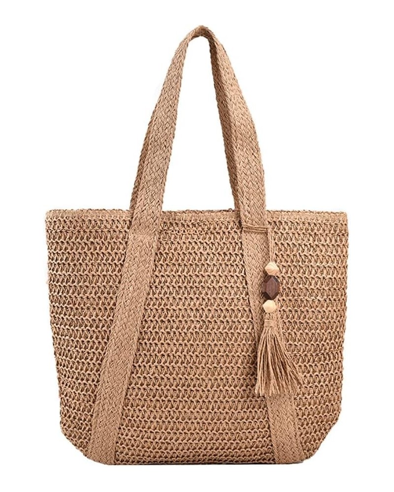 Straw Bucket Bag, Summer Beach Handmade Tote Bag, Woven Rattan Raffia Wicker Basket Purse with Pearl Flower for Women Khaki-1...