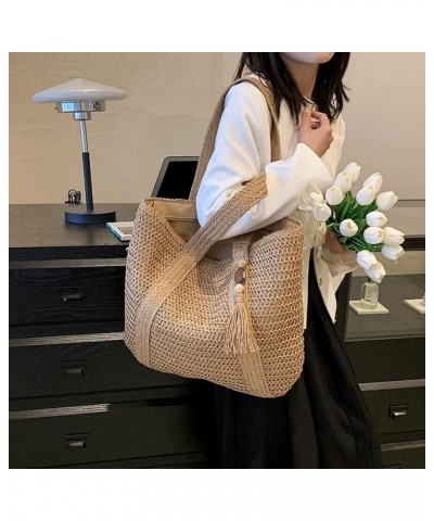 Straw Bucket Bag, Summer Beach Handmade Tote Bag, Woven Rattan Raffia Wicker Basket Purse with Pearl Flower for Women Khaki-1...