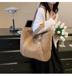 Straw Bucket Bag, Summer Beach Handmade Tote Bag, Woven Rattan Raffia Wicker Basket Purse with Pearl Flower for Women Khaki-1...