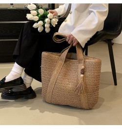 Straw Bucket Bag, Summer Beach Handmade Tote Bag, Woven Rattan Raffia Wicker Basket Purse with Pearl Flower for Women Khaki-1...