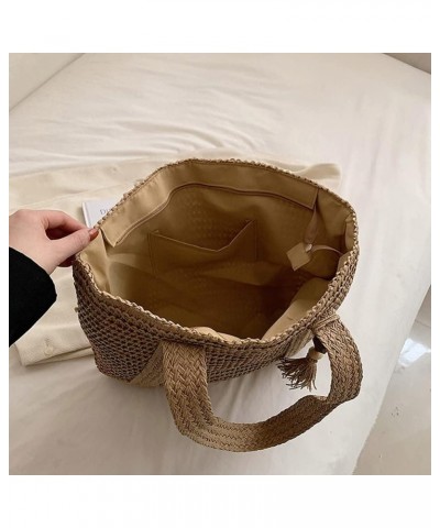 Straw Bucket Bag, Summer Beach Handmade Tote Bag, Woven Rattan Raffia Wicker Basket Purse with Pearl Flower for Women Khaki-1...