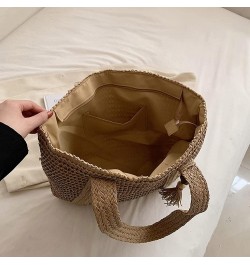 Straw Bucket Bag, Summer Beach Handmade Tote Bag, Woven Rattan Raffia Wicker Basket Purse with Pearl Flower for Women Khaki-1...