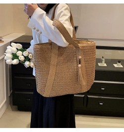 Straw Bucket Bag, Summer Beach Handmade Tote Bag, Woven Rattan Raffia Wicker Basket Purse with Pearl Flower for Women Khaki-1...