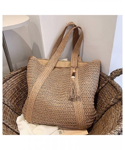 Straw Bucket Bag, Summer Beach Handmade Tote Bag, Woven Rattan Raffia Wicker Basket Purse with Pearl Flower for Women Khaki-1...