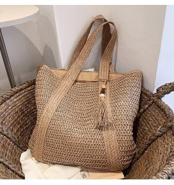 Straw Bucket Bag, Summer Beach Handmade Tote Bag, Woven Rattan Raffia Wicker Basket Purse with Pearl Flower for Women Khaki-1...