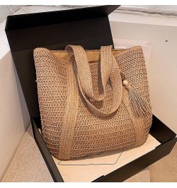 Straw Bucket Bag, Summer Beach Handmade Tote Bag, Woven Rattan Raffia Wicker Basket Purse with Pearl Flower for Women Khaki-1...