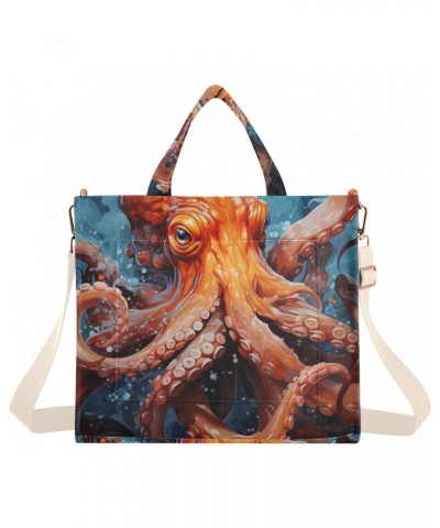 Orange Octopus Painting Corduroy Women Tote Bag, Handbag Purse with Detachable Strap Small Size $13.57 Crossbody Bags