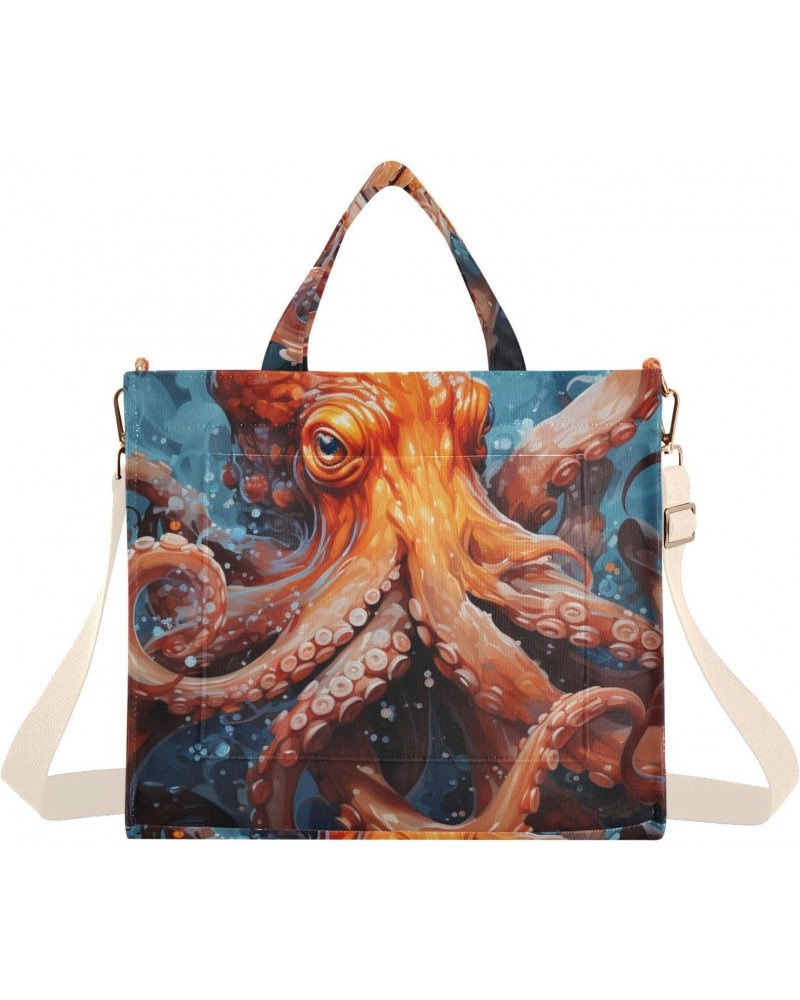 Orange Octopus Painting Corduroy Women Tote Bag, Handbag Purse with Detachable Strap Small Size $13.57 Crossbody Bags