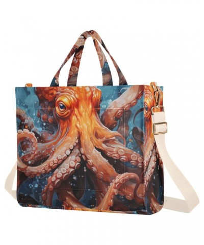 Orange Octopus Painting Corduroy Women Tote Bag, Handbag Purse with Detachable Strap Small Size $13.57 Crossbody Bags