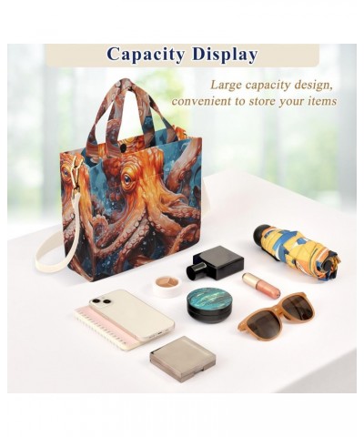 Orange Octopus Painting Corduroy Women Tote Bag, Handbag Purse with Detachable Strap Small Size $13.57 Crossbody Bags