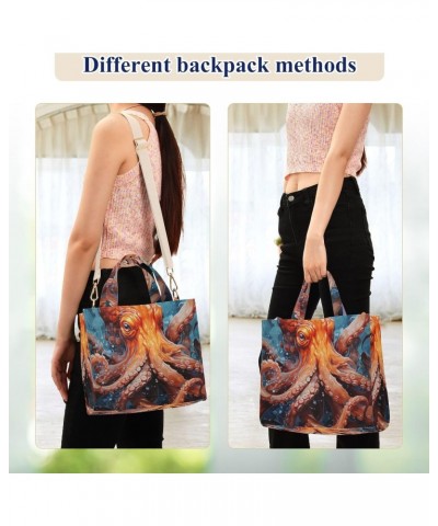 Orange Octopus Painting Corduroy Women Tote Bag, Handbag Purse with Detachable Strap Small Size $13.57 Crossbody Bags