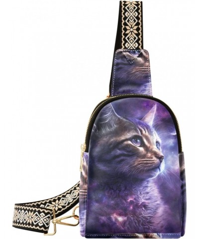 Women's Sling Bag Purple Cat Cosmos Print with Adjustable Strap Zipper Closure, PU Leather Water Resistant Crossbody Bag Purs...