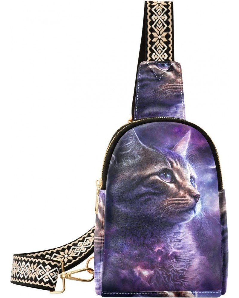 Women's Sling Bag Purple Cat Cosmos Print with Adjustable Strap Zipper Closure, PU Leather Water Resistant Crossbody Bag Purs...