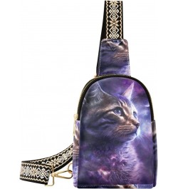 Women's Sling Bag Purple Cat Cosmos Print with Adjustable Strap Zipper Closure, PU Leather Water Resistant Crossbody Bag Purs...