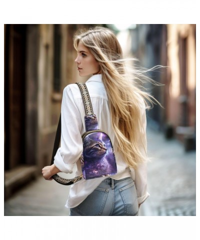 Women's Sling Bag Purple Cat Cosmos Print with Adjustable Strap Zipper Closure, PU Leather Water Resistant Crossbody Bag Purs...