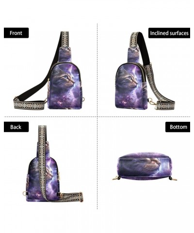 Women's Sling Bag Purple Cat Cosmos Print with Adjustable Strap Zipper Closure, PU Leather Water Resistant Crossbody Bag Purs...