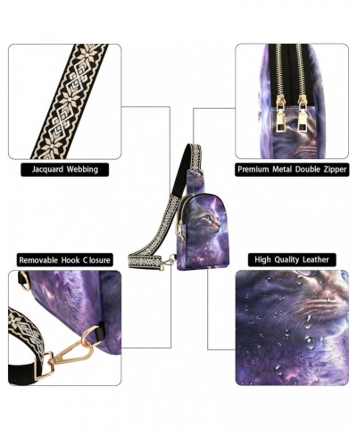 Women's Sling Bag Purple Cat Cosmos Print with Adjustable Strap Zipper Closure, PU Leather Water Resistant Crossbody Bag Purs...