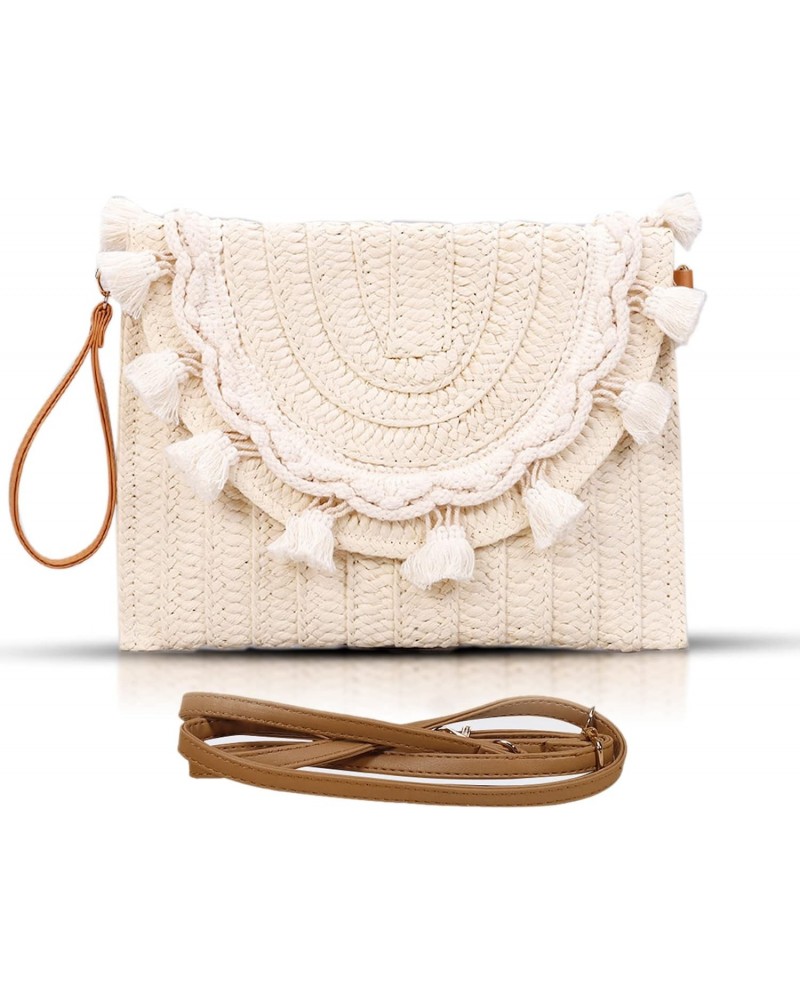 Crossbody Bags for Women, Straw Clutch Purses, Simple white tassel Handmade Woven Envelope Package, Tassel Handbags for Women...