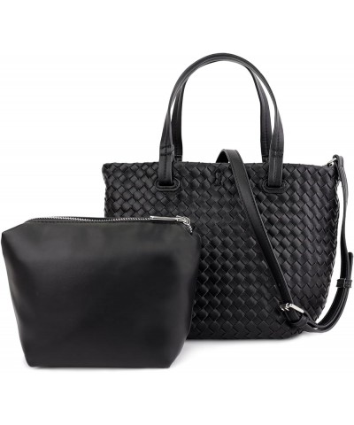 Small Woven Handbag for Women Mini Soft Leather Tote Shoulder Bag Large Black $12.50 Totes