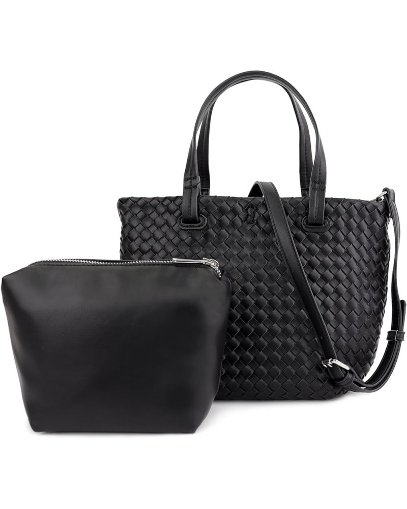 Small Woven Handbag for Women Mini Soft Leather Tote Shoulder Bag Large Black $12.50 Totes