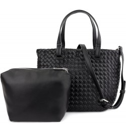 Small Woven Handbag for Women Mini Soft Leather Tote Shoulder Bag Large Black $12.50 Totes