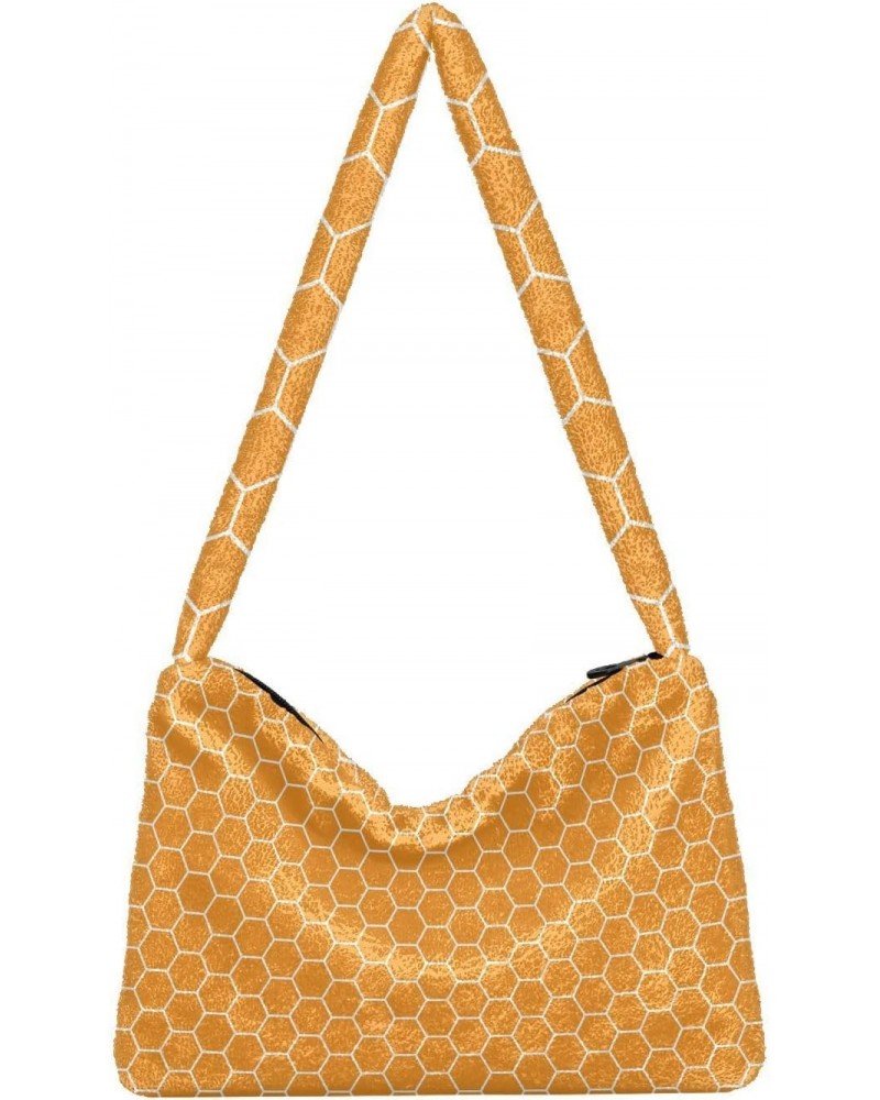 Yellow Hexagon Orange Honeycomb Honey Fluffy Crossbody Bag Furry Tote Bags for Women Fuzzy Purse Handbag Lady Shoulder Bag La...