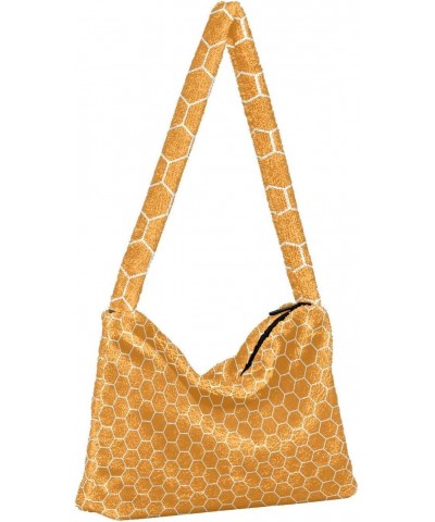 Yellow Hexagon Orange Honeycomb Honey Fluffy Crossbody Bag Furry Tote Bags for Women Fuzzy Purse Handbag Lady Shoulder Bag La...