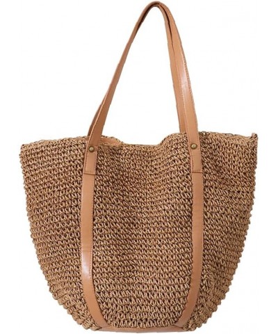 Women Straw Shoulder Bag Handmade Woven Handbag Summer Beach Tote Straw Leather Handle Large Bucket Bag A-brown $15.54 Totes