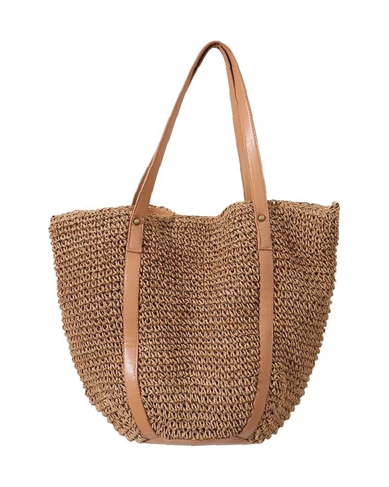 Women Straw Shoulder Bag Handmade Woven Handbag Summer Beach Tote Straw Leather Handle Large Bucket Bag A-brown $15.54 Totes