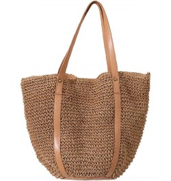 Women Straw Shoulder Bag Handmade Woven Handbag Summer Beach Tote Straw Leather Handle Large Bucket Bag A-brown $15.54 Totes