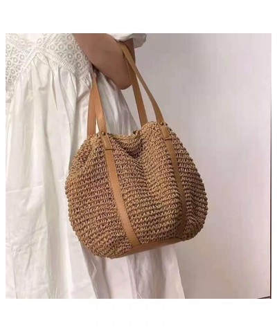 Women Straw Shoulder Bag Handmade Woven Handbag Summer Beach Tote Straw Leather Handle Large Bucket Bag A-brown $15.54 Totes