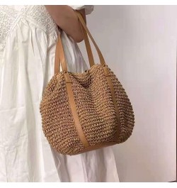 Women Straw Shoulder Bag Handmade Woven Handbag Summer Beach Tote Straw Leather Handle Large Bucket Bag A-brown $15.54 Totes