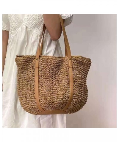 Women Straw Shoulder Bag Handmade Woven Handbag Summer Beach Tote Straw Leather Handle Large Bucket Bag A-brown $15.54 Totes