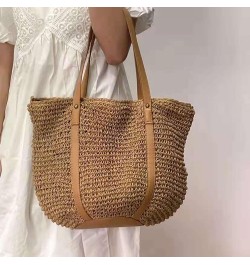 Women Straw Shoulder Bag Handmade Woven Handbag Summer Beach Tote Straw Leather Handle Large Bucket Bag A-brown $15.54 Totes