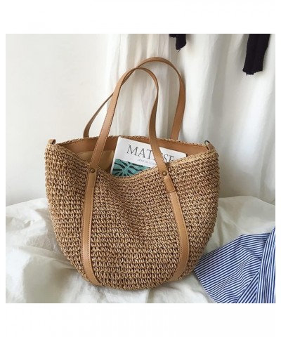 Women Straw Shoulder Bag Handmade Woven Handbag Summer Beach Tote Straw Leather Handle Large Bucket Bag A-brown $15.54 Totes