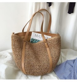 Women Straw Shoulder Bag Handmade Woven Handbag Summer Beach Tote Straw Leather Handle Large Bucket Bag A-brown $15.54 Totes