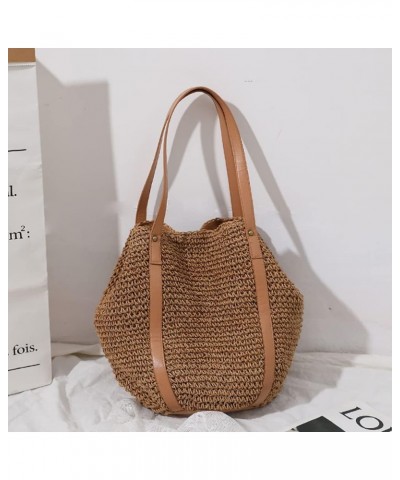 Women Straw Shoulder Bag Handmade Woven Handbag Summer Beach Tote Straw Leather Handle Large Bucket Bag A-brown $15.54 Totes