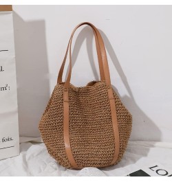 Women Straw Shoulder Bag Handmade Woven Handbag Summer Beach Tote Straw Leather Handle Large Bucket Bag A-brown $15.54 Totes