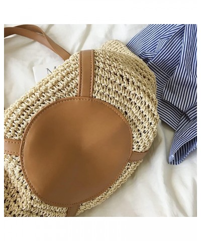 Women Straw Shoulder Bag Handmade Woven Handbag Summer Beach Tote Straw Leather Handle Large Bucket Bag A-brown $15.54 Totes