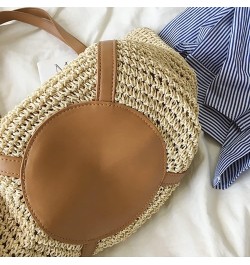 Women Straw Shoulder Bag Handmade Woven Handbag Summer Beach Tote Straw Leather Handle Large Bucket Bag A-brown $15.54 Totes