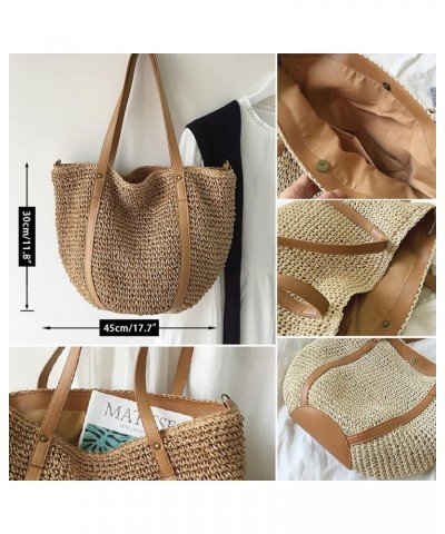 Women Straw Shoulder Bag Handmade Woven Handbag Summer Beach Tote Straw Leather Handle Large Bucket Bag A-brown $15.54 Totes