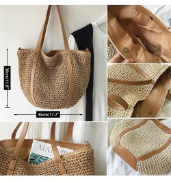 Women Straw Shoulder Bag Handmade Woven Handbag Summer Beach Tote Straw Leather Handle Large Bucket Bag A-brown $15.54 Totes