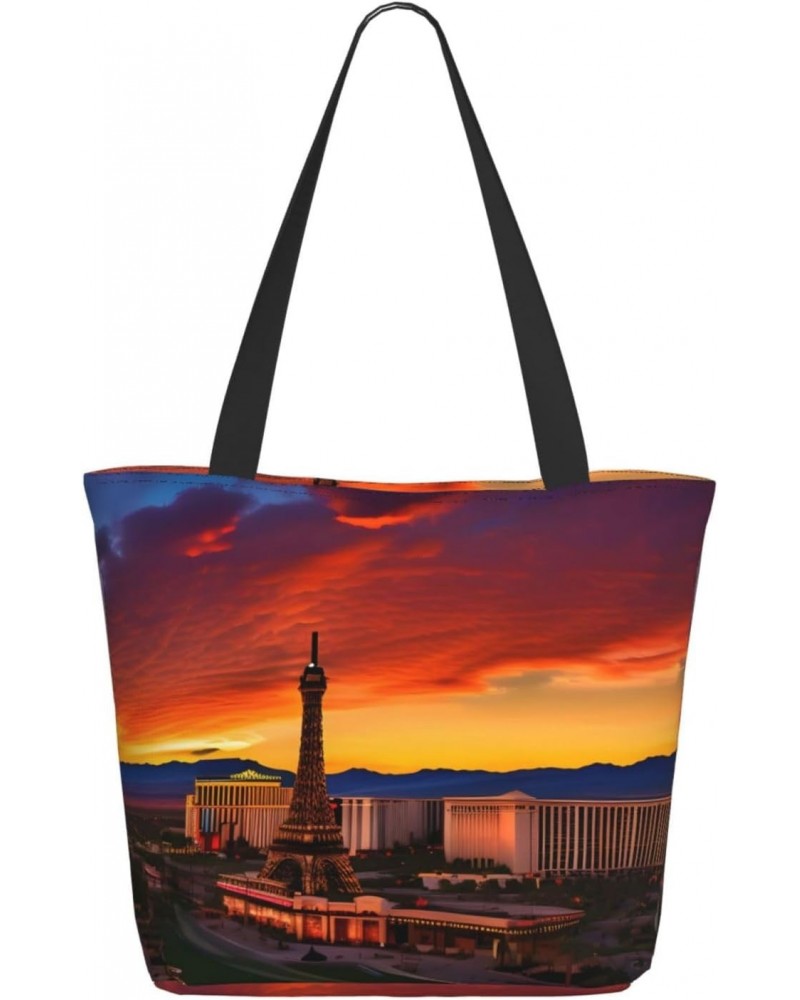 Las Vegas Sunset Tote Bag with Zipper for Women Inside Mesh Pocket Heavy Duty Casual Anti-water Cloth Shoulder Handbag Outdoo...