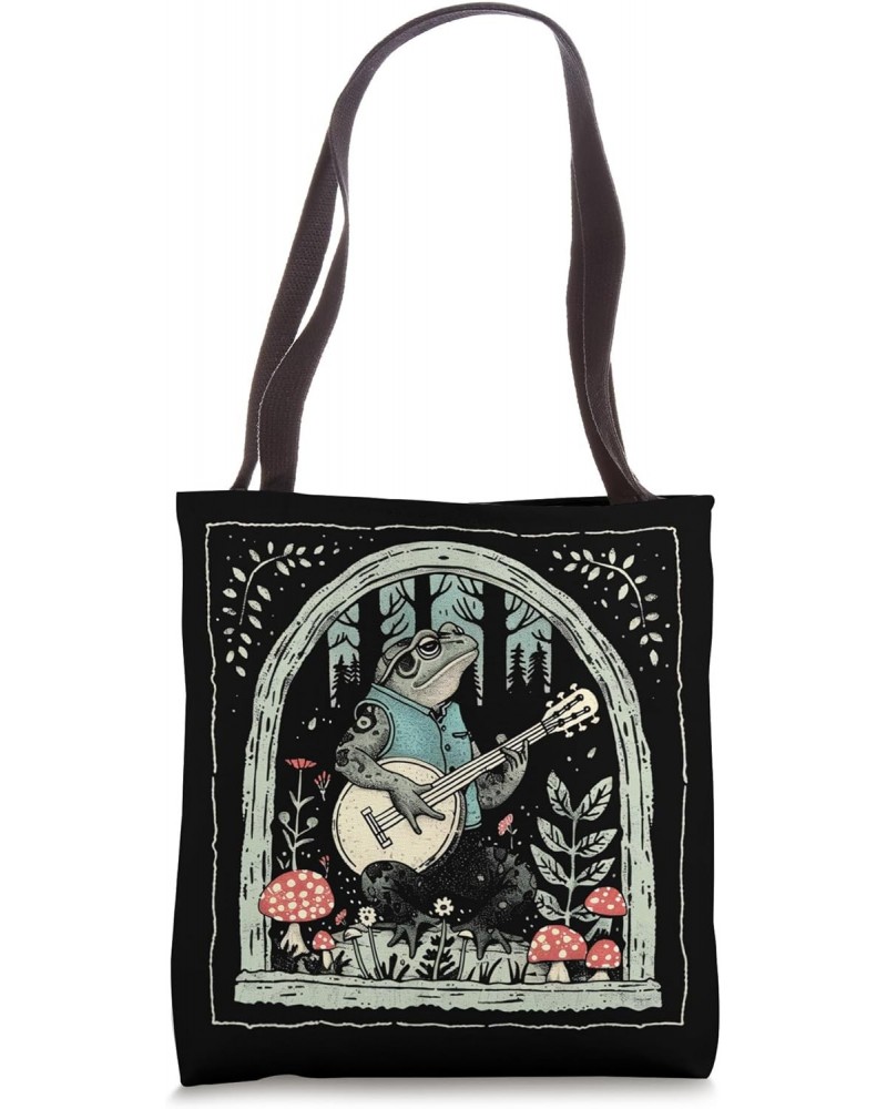 Vintage Playing Banjo Frog Lover Cute Animal Frogs Mushroom Tote Bag $12.47 Totes