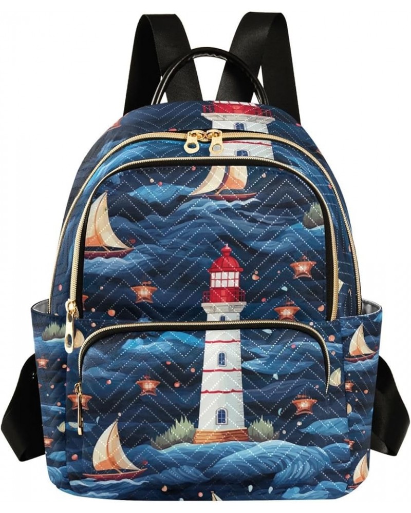 Nautical with a Lighthouse and Sea Shells Ladies Backpack, Lightweight Fashion Backpack, Travelling Backpack for Women, M Nau...