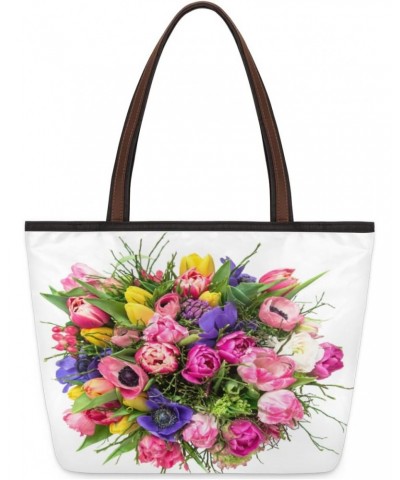 Colorful Flowers Pattern(02) Large Tote Bag For Women Shoulder Handbags with Zippper Top Handle Satchel Bags for Shopping Tra...