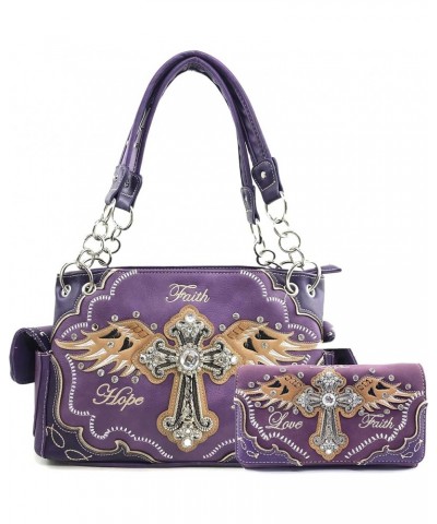 Women's Concealed Carry Angel Wings Cross Faith Hope Love Western Handbag Tote Purse Purple Handbag Wallet Set $30.30 Totes