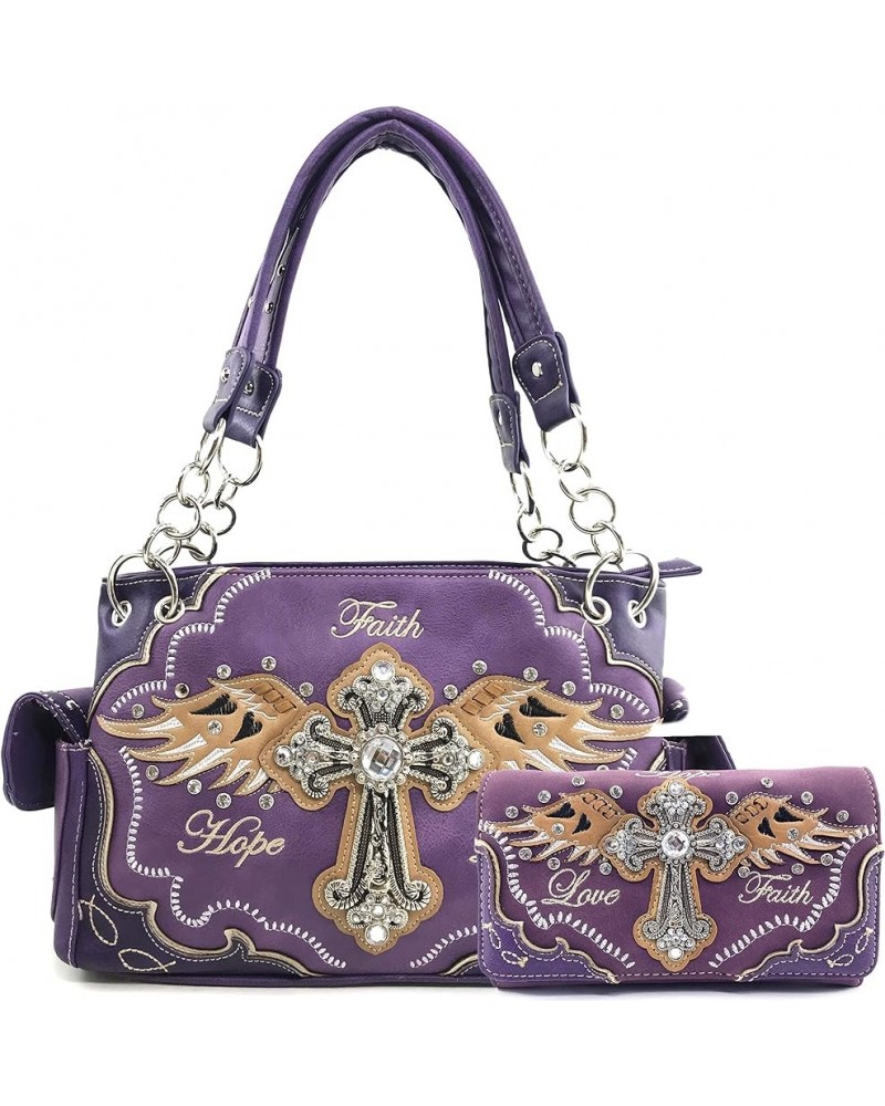 Women's Concealed Carry Angel Wings Cross Faith Hope Love Western Handbag Tote Purse Purple Handbag Wallet Set $30.30 Totes